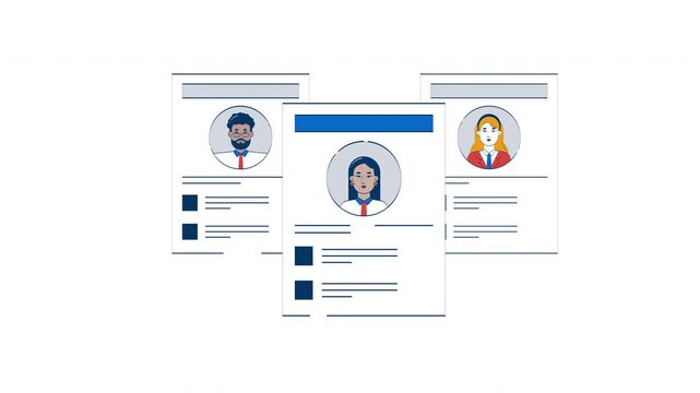 Job resume paper sheets with diverse candidates profiles 2D object doodle animation. Employee CVs. HR screening pages animated flat element isolated on white background. Cartoon 4K video drawing