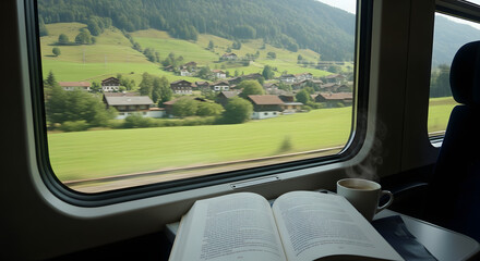 Journey's Journal: A serene view of a tranquil countryside, seen from the inside of a train compartment, with an open book and a warm cup of coffee.