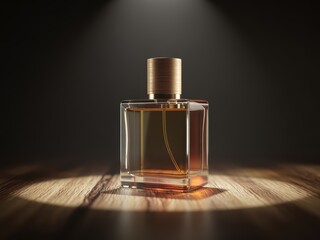 Luxury perfume bottle in the spotlight on a wooden table. A dramatic and elegant composition for cosmetic and fragrance advertising.