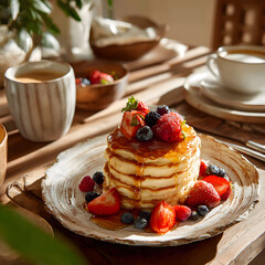 A Cozy Morning Delight: Pancakes, Fresh Fruits, and Aromatic Coffee for the Perfect Breakfast Indulgence
