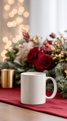 White Mug Mockup with Festive Christmas Decor