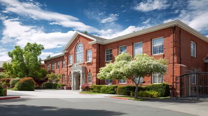 Traditional american school building exterior with brick facade and classic architectural design