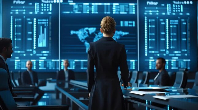 A professional woman leading a business meeting in a modern conference room with technology-driven displays.