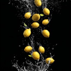 Citrus Fruits in Motion with Water and Splash Effect on Dark Background
