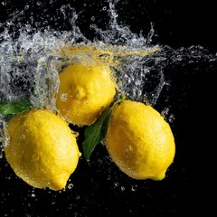 Citrus Fruits in Motion with Water and Splash Effect on Dark Background