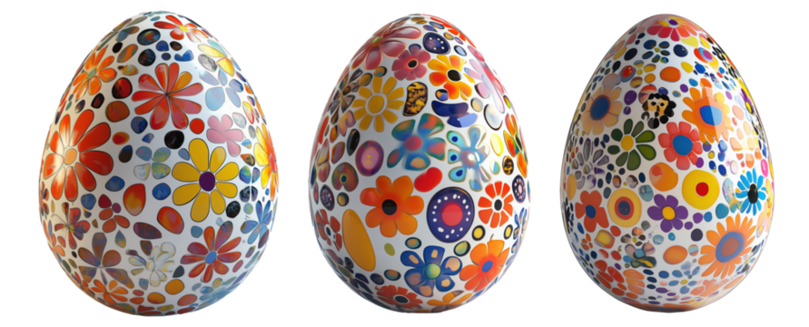 Hand-painted Easter egg with a floral pattern in vibrant colors isolated on transparent white background. Festive and decorative holiday concept