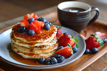 A Cozy Morning Delight: Pancakes, Fresh Fruits, and Aromatic Coffee for the Perfect Breakfast Indulgence