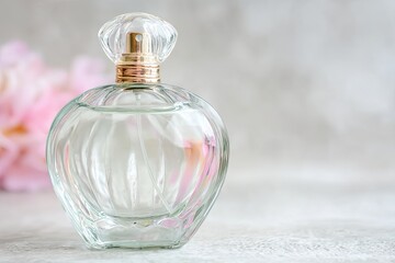 Clear glass perfume bottle, light pink flowers
