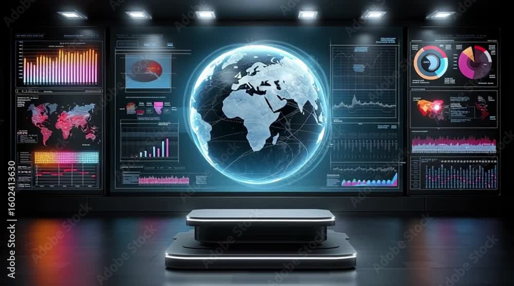 Poster futuristic data visualization: abstract digital network interface with blue cyberpunk glow and compl
