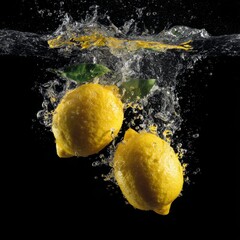 lemons falling into the water water splashes black solid background illustration small details 8k
