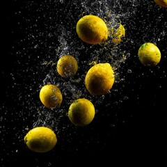 lemons falling into the water water splashes black solid background illustration small details 8k