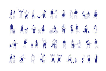 Stylized flat characters engaged in daily activities like walking, chatting, shopping, and riding. Clean modern line design ideal for editorial, UI, or marketing visuals.