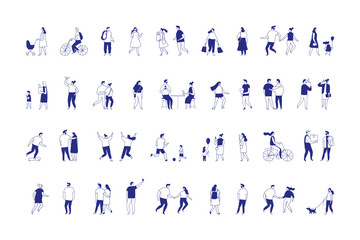 Stylized flat characters engaged in daily activities like walking, chatting, shopping, and riding. Clean modern line design ideal for editorial, UI, or marketing visuals.