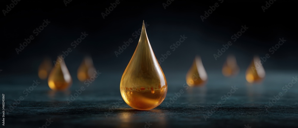 Aufkleber golden oil drops on dark surface with depth of field for design and background use