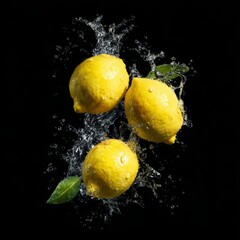 lemons falling into the water water splashes black solid background illustration small details 8k