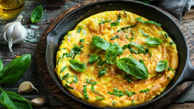A frittata with vegetables, eggs and basil on a wooden table. Delicious breakfast or lunch dish.