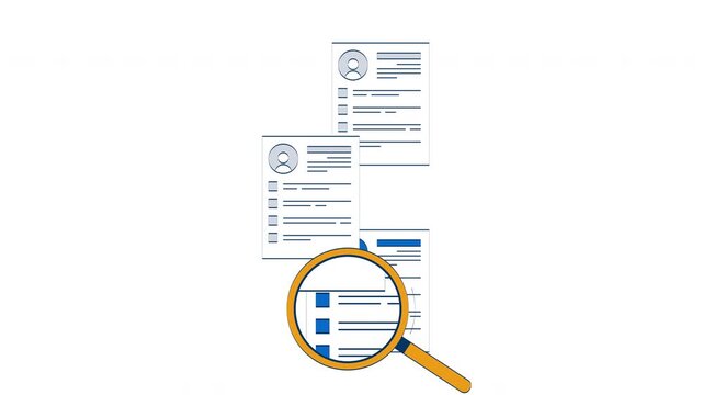 Candidate search with magnifying glass over resumes 2D object doodle animation. Recruitment loupe. Talent acquisition animated flat element isolated on white background. Cartoon 4K video drawing