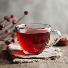 A glass cup with red tea from carcade and its flower, a healthy organic hot drink with space for text or image. Image Copywriting Space. Space to add text and design