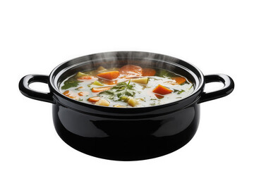 Hot steaming vegetable soup in a black pot isolated on transparent background