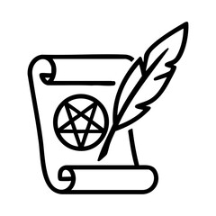Magic scroll with feather and pentagram icon