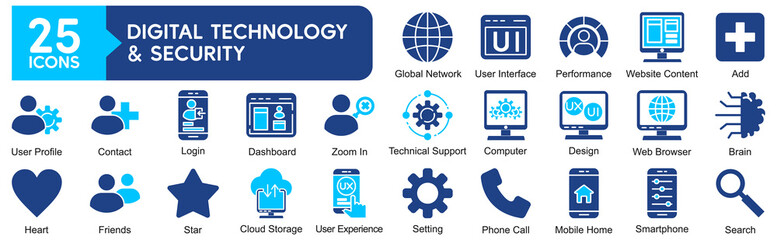 Digital Technology and Security Icons Collection related to technology, digital, cyber, internet, web, network, data, security, privacy