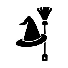 Witch hat and broom Halloween icon
