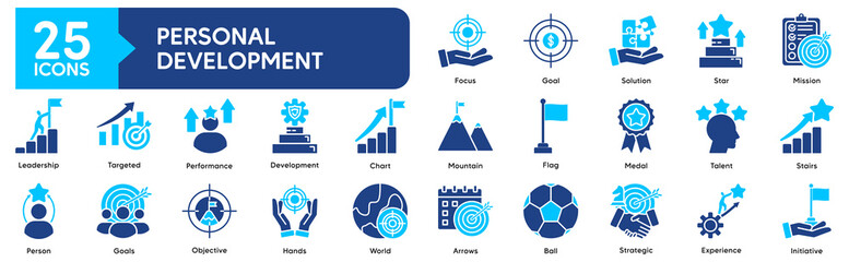 Personal Development Security Icons Collection related to leadership, success, development, motivation, personal growth, achievement, target, goals