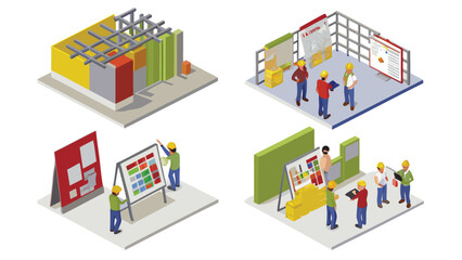 Isometric view of construction workers planning and inspecting building progress at different stages