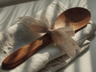A wooden spoon tied with a ribbon on a white cloth in soft sunlight.