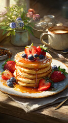 A Cozy Morning Delight: Pancakes, Fresh Fruits, and Aromatic Coffee for the Perfect Breakfast Indulgence