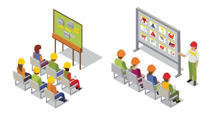 Isometric view of two training sessions with workers wearing safety helmets and attending presentations