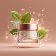 Graphic Concept of Luxury Skincare Featuring a Cosmetic Jar, Water Droplets, Herbal Leaves, and Radiant Skin Textures, with White, Green, and Soft Pink Tones on a Subtle Rose Gold Gradient Background