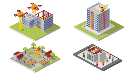 Isometric view showcasing construction stages with drones, completed building, town, and factory scene