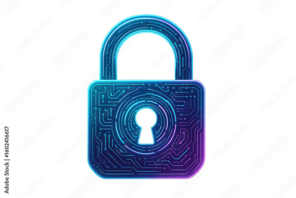 Poster electronic padlock with glowing circuits represents cybersecurity and data protection in virtual env