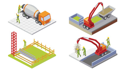 Isometric construction site scenes showing concrete mixer truck and various construction activities