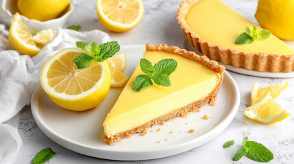 Bright Lemon Pie Served on White Plate