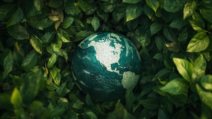 A close-up of a world globe hidden in green plants, symbolizing Earth Day and environmental awareness. - Powered by Adobe