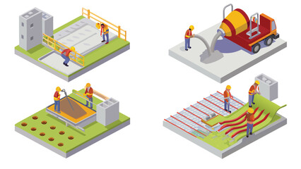 Isometric construction site showing workers and concrete pouring and laying foundation and building walls