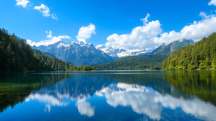 Fototapeta premium Breathtaking view of a mountain range with a spruce forest on a sunny day.