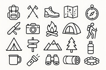 Fototapeta premium Camping Essentials Icon Set: An array of illustrated icons representing various camping essentials, meticulously crafted in a clean, line-art style.