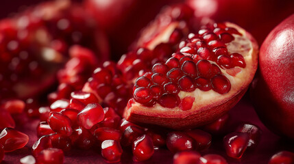 Fresh Pomegranate Seeds And Wedge Close-Up