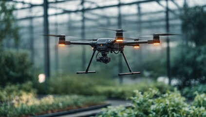 Drone hovering over greenhouse plants
