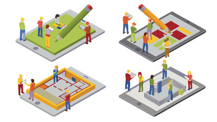 Isometric representation of collaborative planning on tablets with miniature figures and pencils