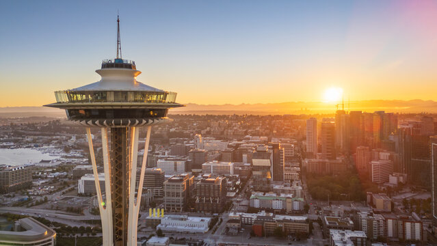Seattle, Washington, USA - Sep 30, 2024: Seattle Cityscape with Space Needle and Mount Rainier Aerial View