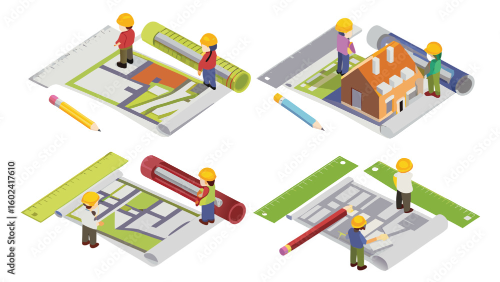 Poster isometric view showing architects reviewing blueprints with rulers and pencils on a white background