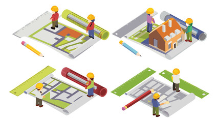 Isometric view showing architects reviewing blueprints with rulers and pencils on a white background