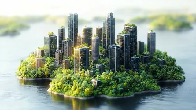 Eco City Island: An idealized eco-city, a vibrant urban island. Towering skyscrapers and lush greenery intertwine, floating serenely in a calm body of water.