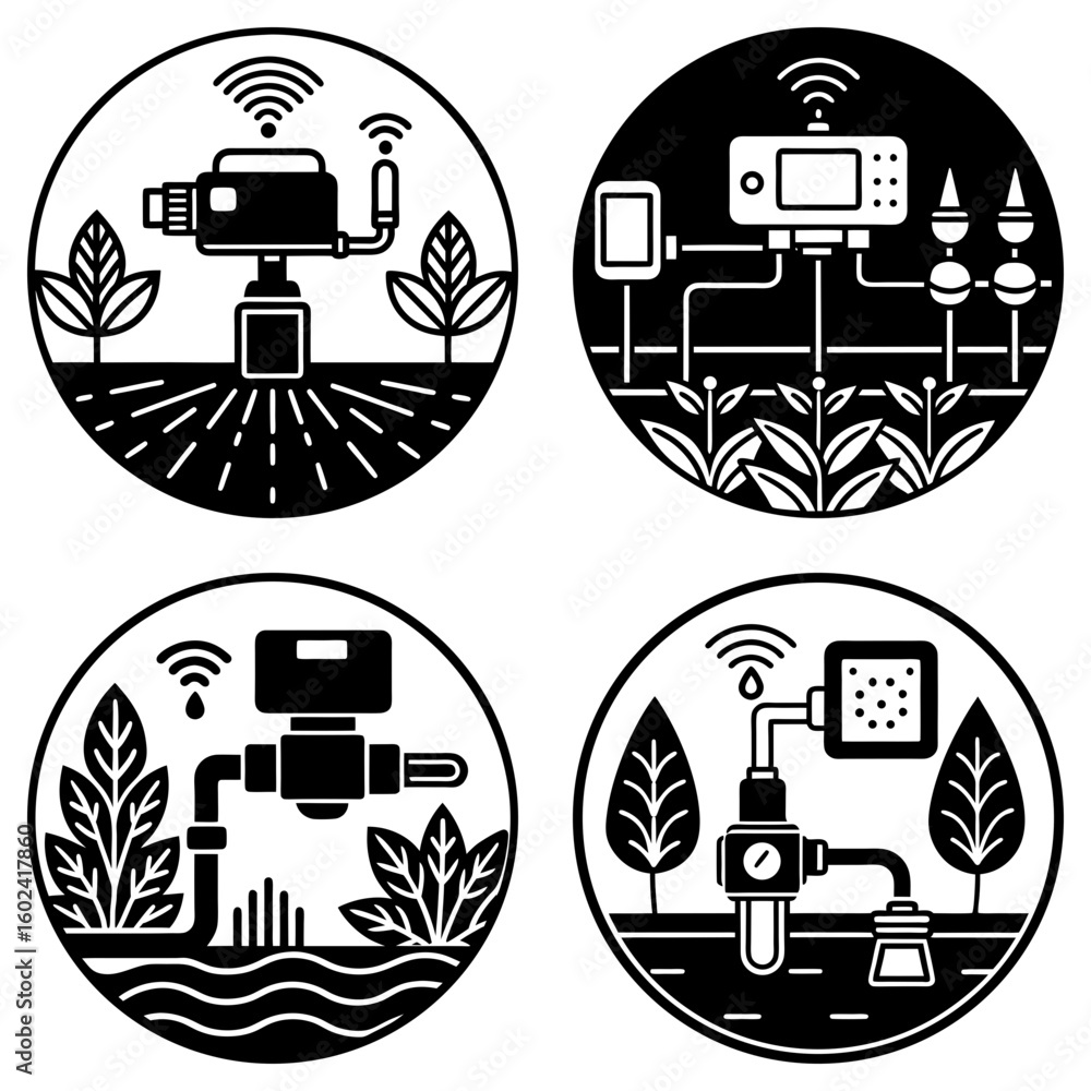 Poster four circular icons depicting automated irrigation systems with sensors and water distribution netwo