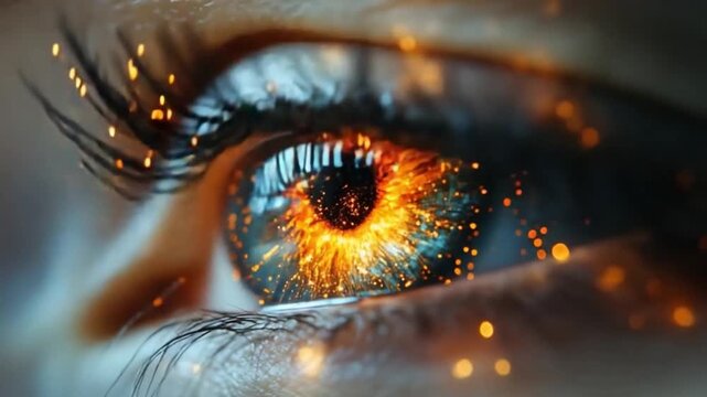 Fiery Gaze: A close-up captures the intensity within an eye, ablaze with fiery energy, the iris a canvas of light and detail.