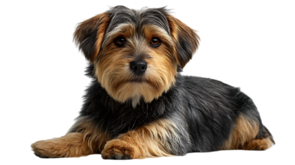 Adorable wirehaired dachshund puppy lying down isolated on transparent background